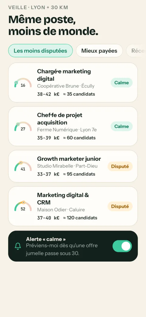 Offres jumelles autour de Lyon, triées des moins disputées aux plus disputées, avec leur score, leur salaire et leurs candidats estimés, et l'alerte « calme » activée.